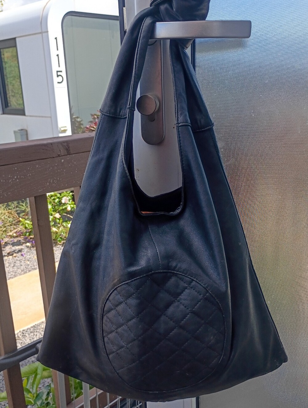 Black Leather Slouchy Hobo Bag w/Quilted Leather Circle